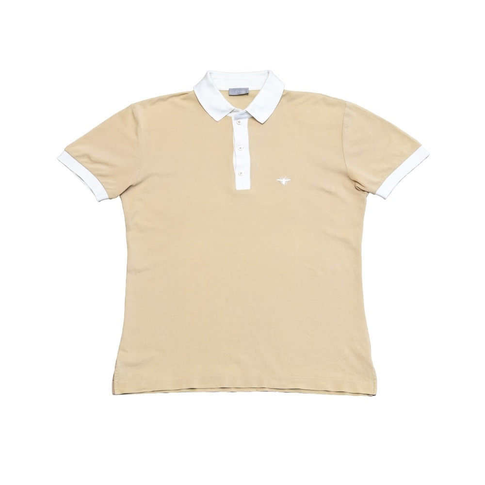 Dior Homme Mens Bee Logo Pique Polo Shirt Tan Beige White Contrast Size 50 L